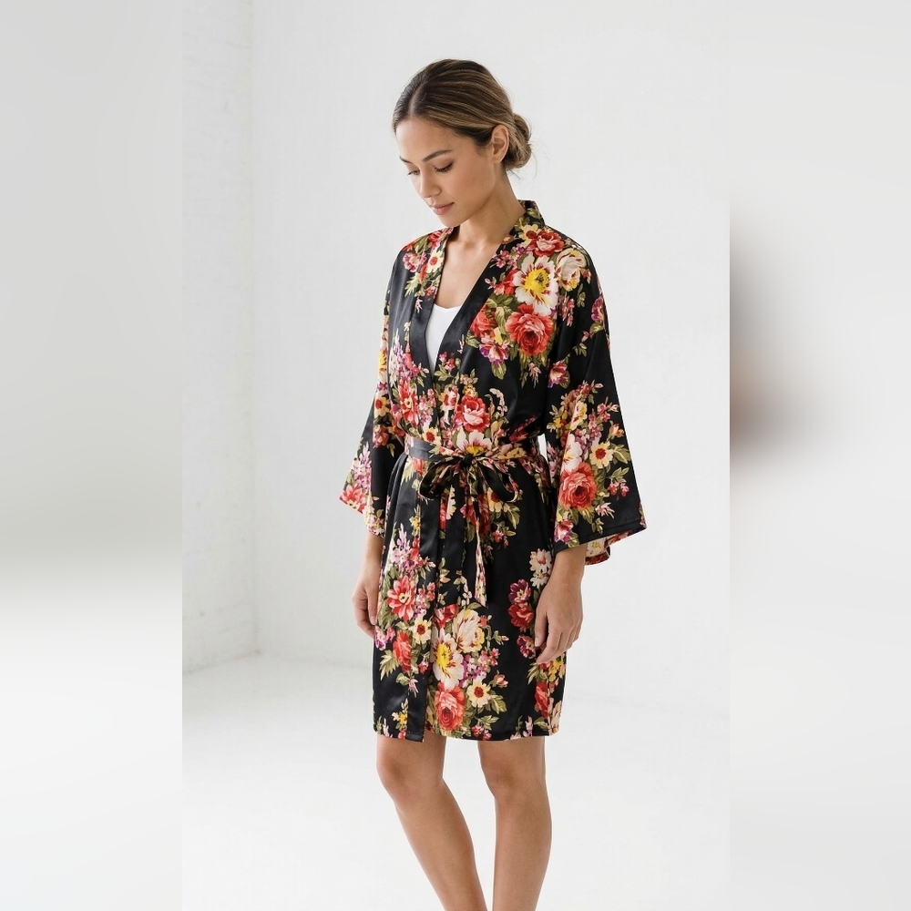 Unbranded Robe Kimono Black Pink Floral Satin Boho Leisure Belted L+